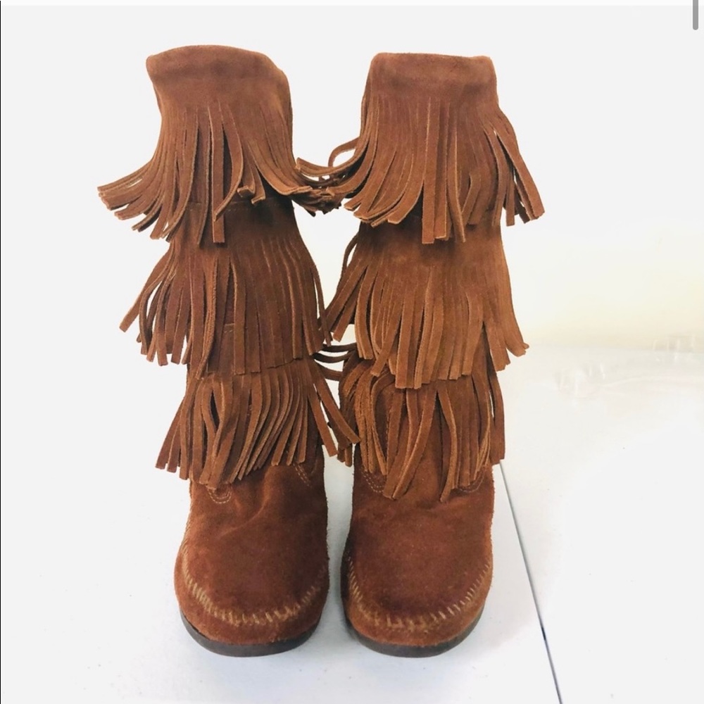 Minnetonka Chestnut Suede Tiered Fringe Booties